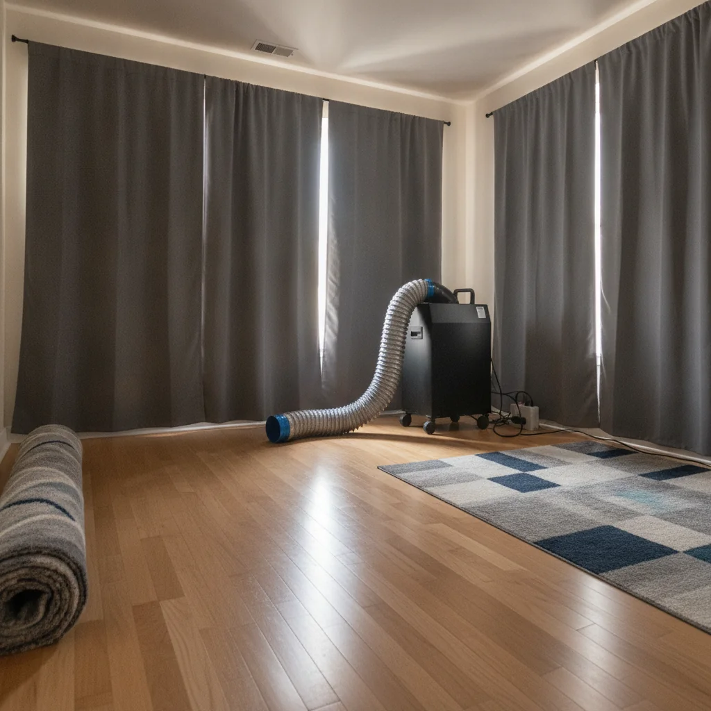 Pest control heat treatment equipment in a bedroom