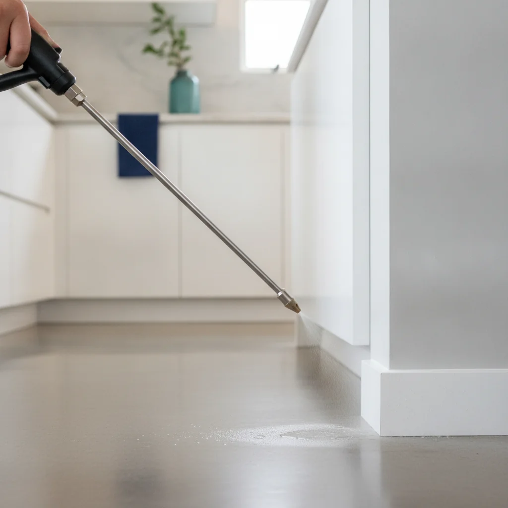 Pest control technician spraying baseboards inside a home