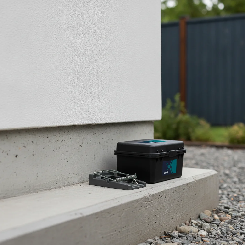 Mouse traps and bait station on a home foundation