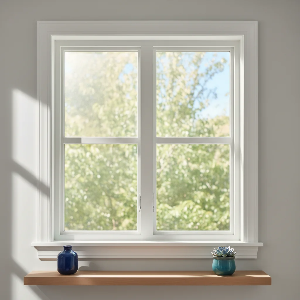 Vinyl window frame close-up, white profile