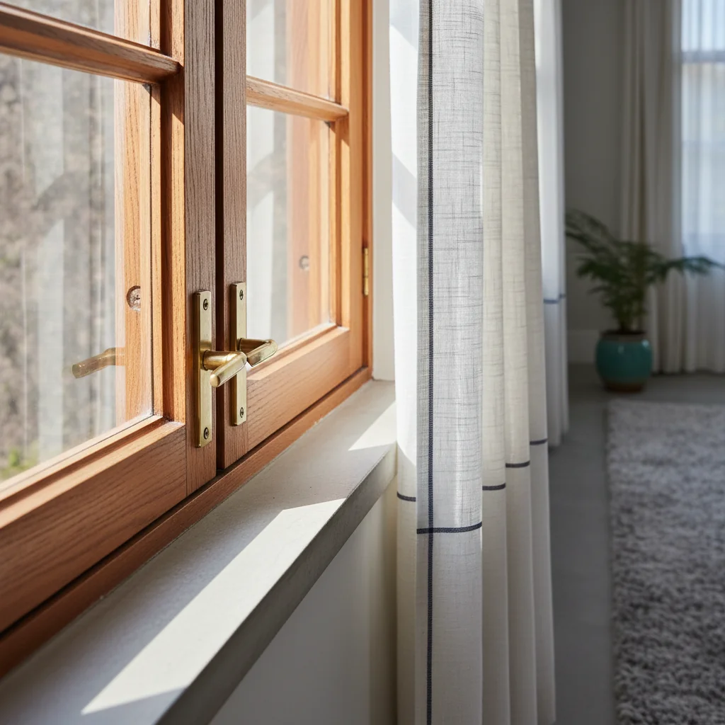 Wood window frame with natural stained interior